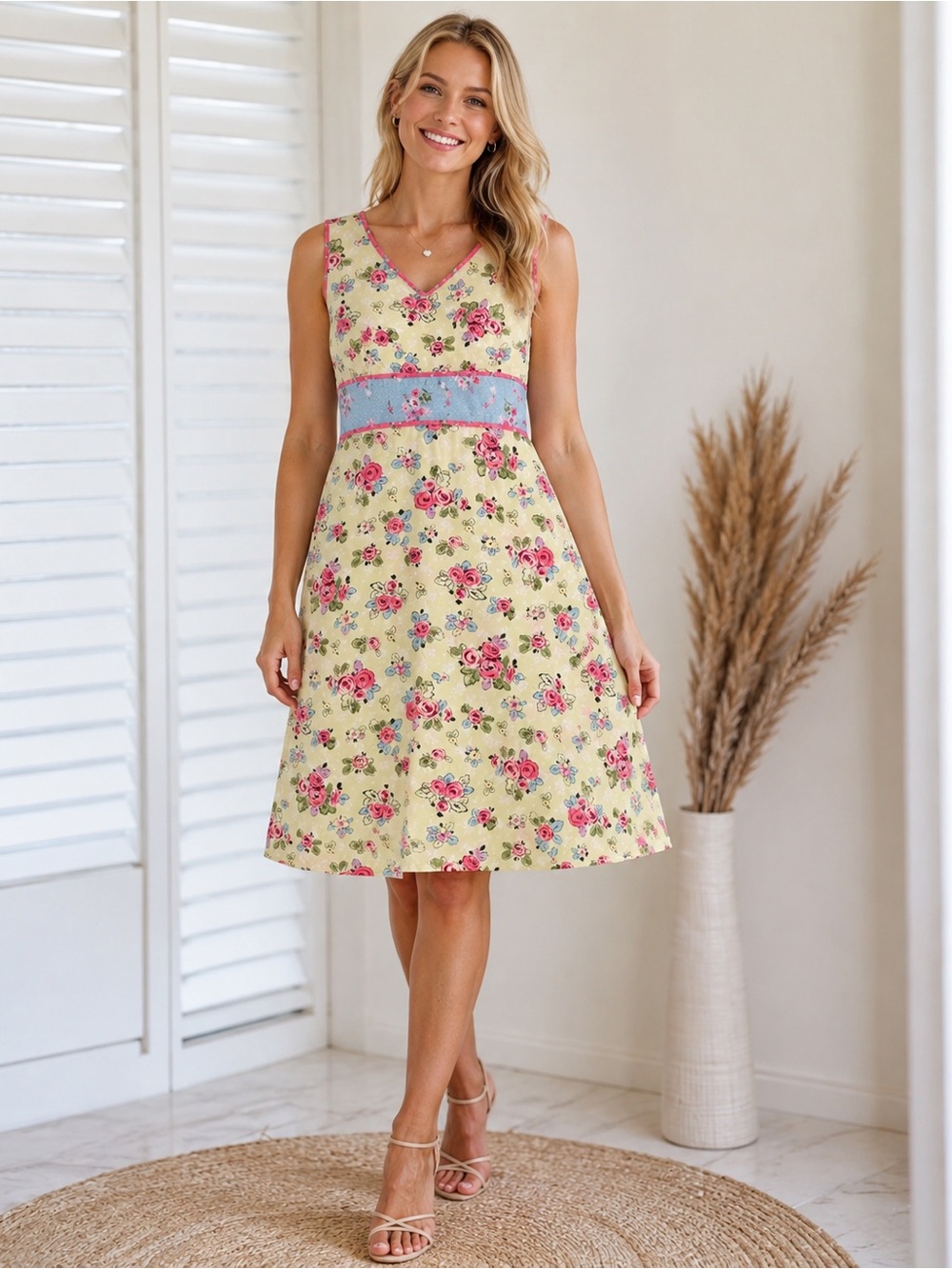 Fresh Floral Summer Dress - Soft Yellow with Pink Roses